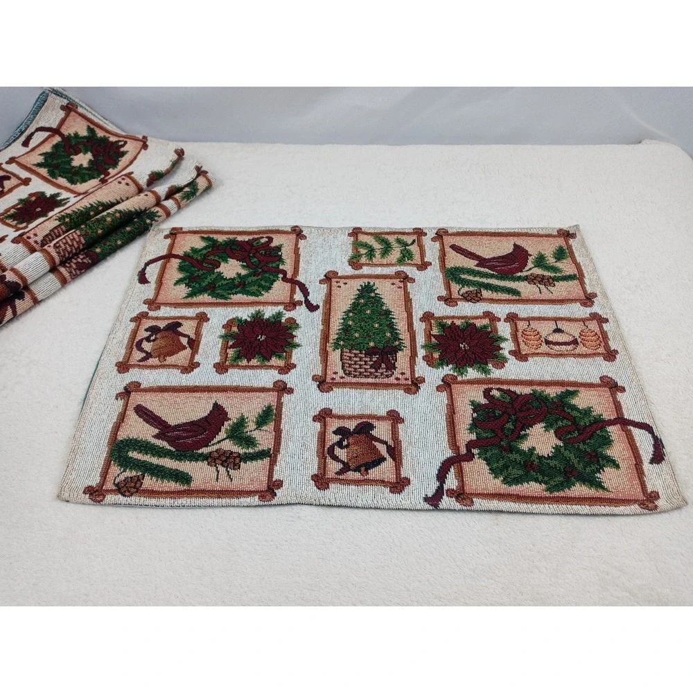 Christmas Tapestry Placemats Set of 4 Holiday Birds Wreaths Tree Bells Poinsetti
